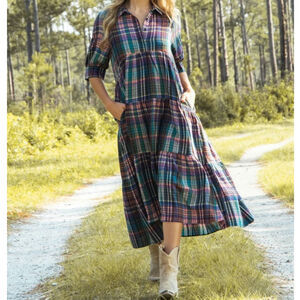 Natural Life Rebecca Flannel Midi Dress Sz XS Tiered Boho Western Rainbow Plaid